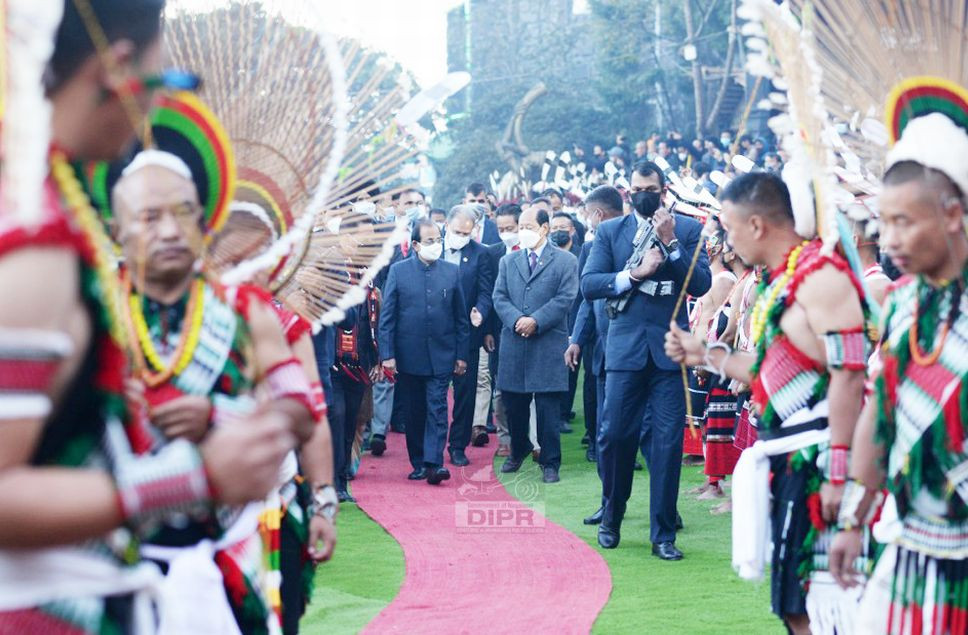 Governor Prof Jagdish Mukhi and Chief Minister arriving at the Main Arena, Kisama during the inaugural programme of Hornbill Festival on December 1. (DIPR Photo)